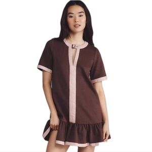 Maeve Colorblock Faux Leather Trim Drop Waist Short Brown Mini Dress Size: XXS